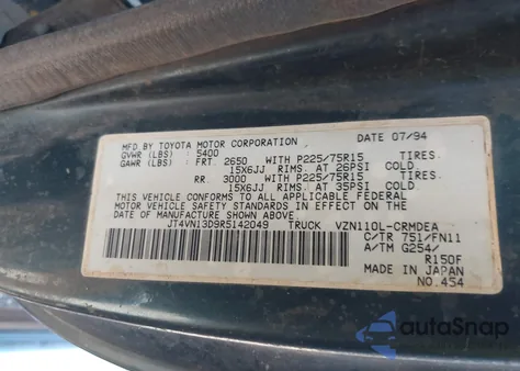 1994 Toyota Pickup 1/2 Ton Ex Lng Whlbase/Dx z USA, uszkodzony, nr VIN JT4VN13D9R5142049